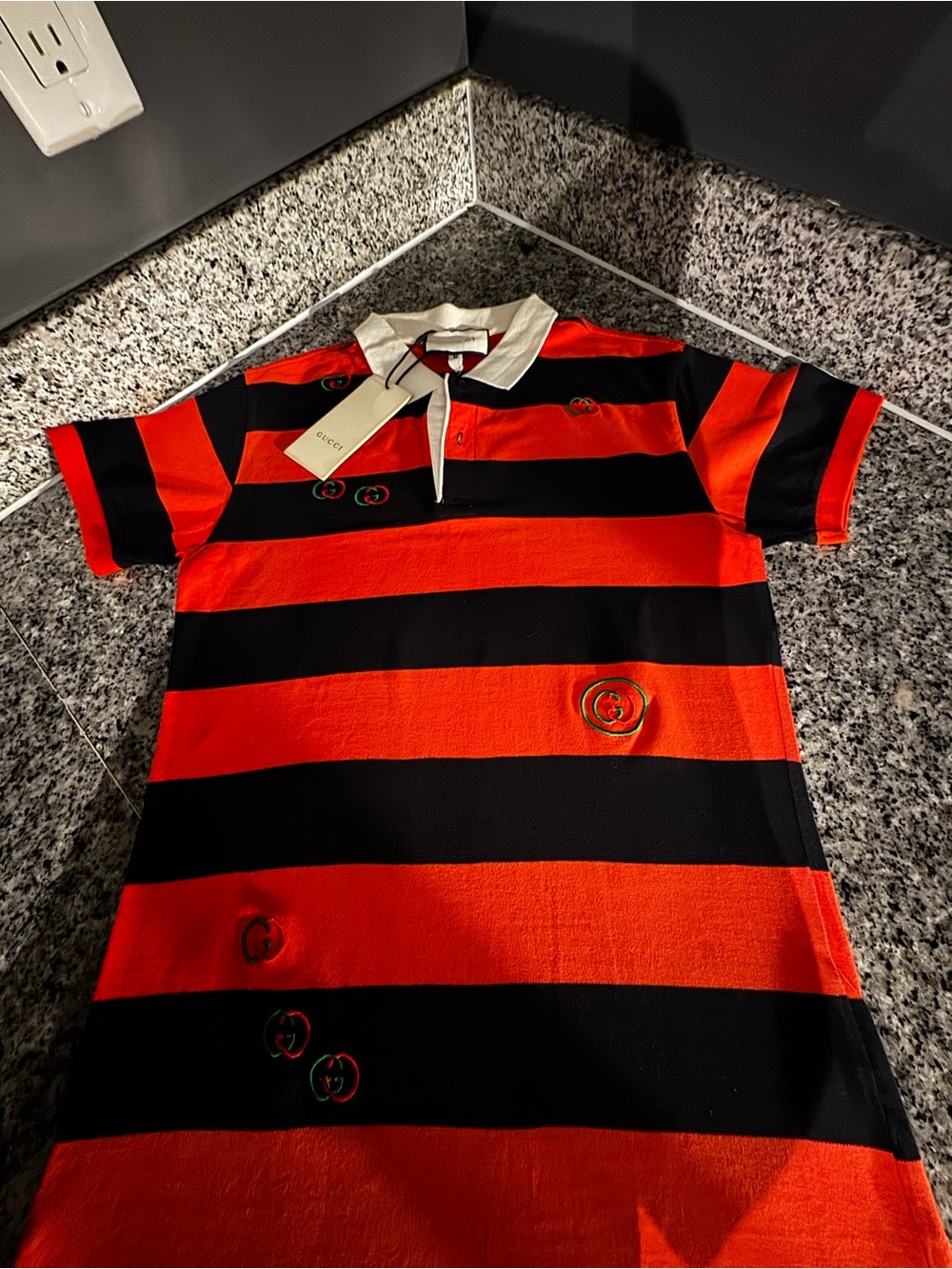 Gucci Mens Medium Red and Black Striped Polo with White Collar